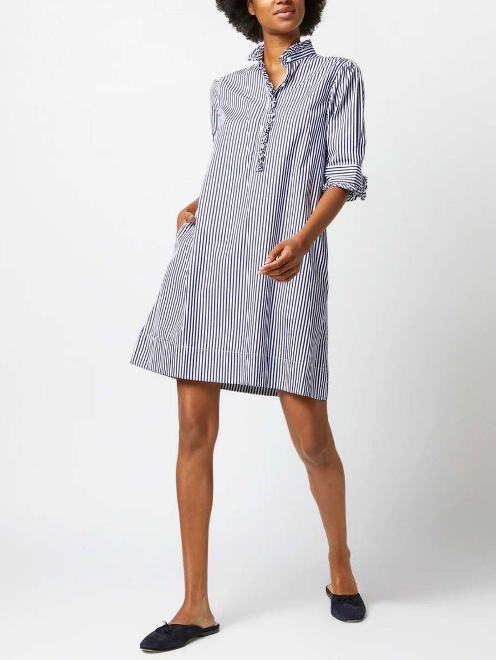 Ann Mashburn Elbow Sleeved Frill Dress in Navy Bengal Stripe
